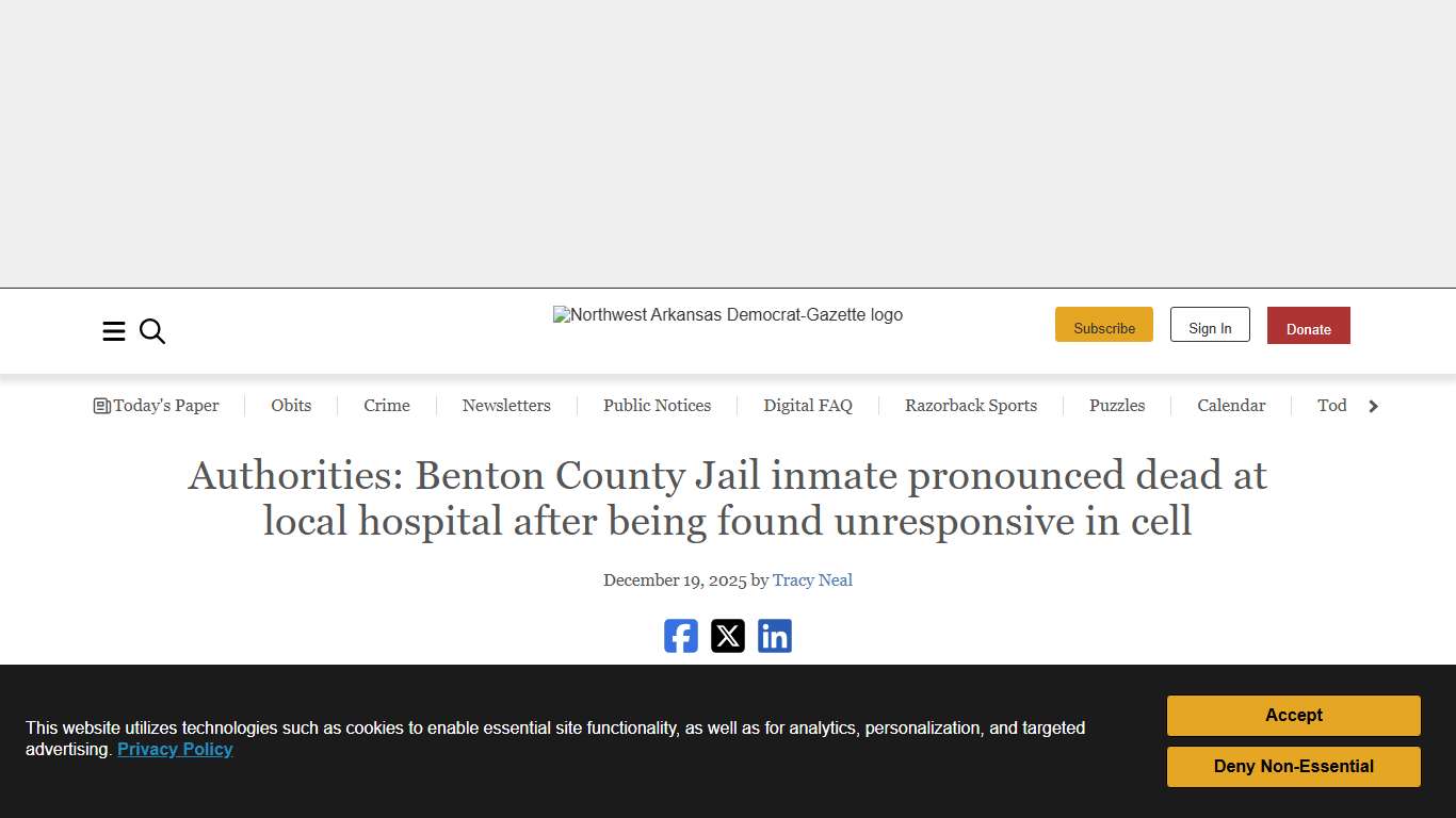 Authorities: Benton County Jail inmate pronounced dead at local hospital after being found unresponsive in cell | Northwest Arkansas Democrat-Gazette